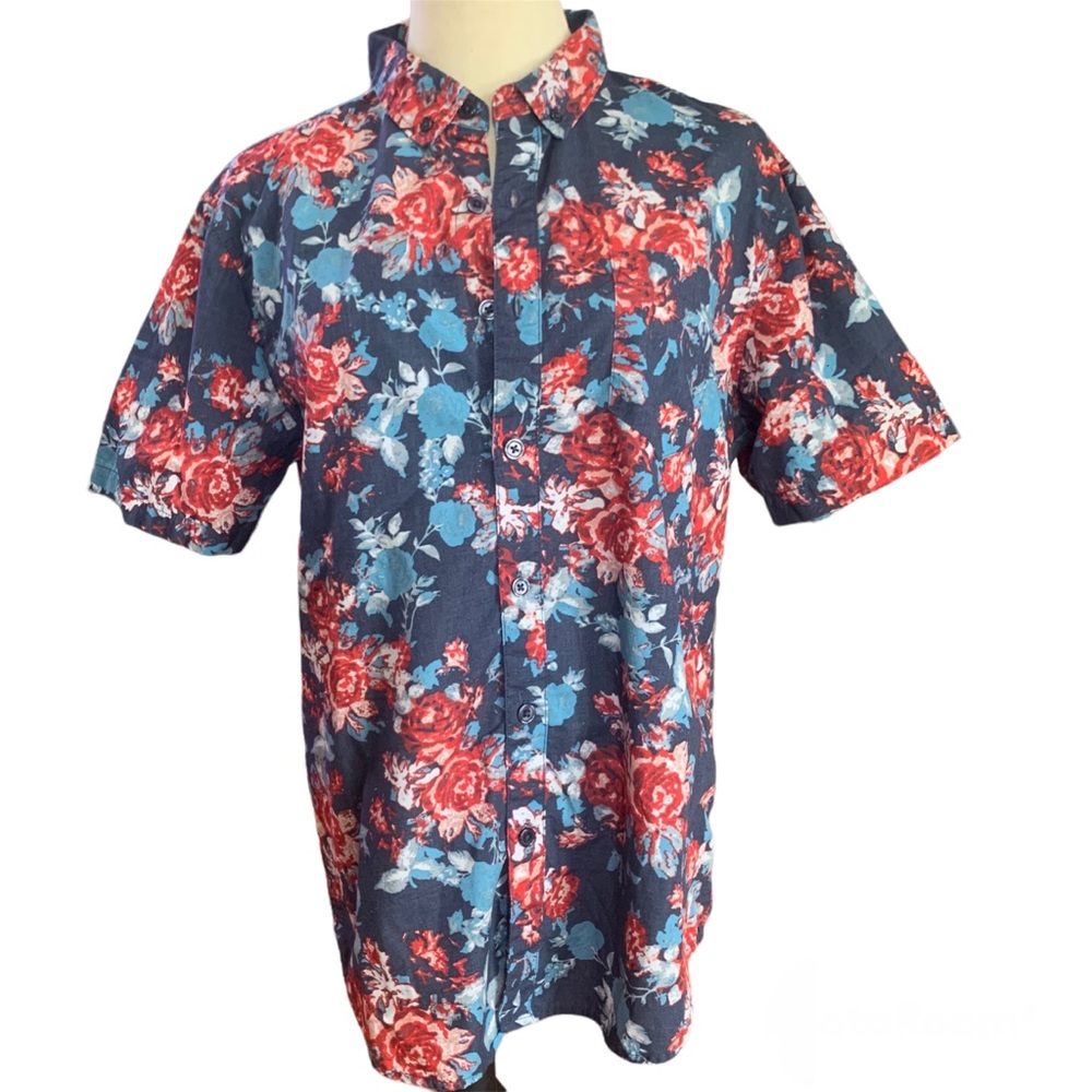 Retrofit Blue Rose Print Botton Down